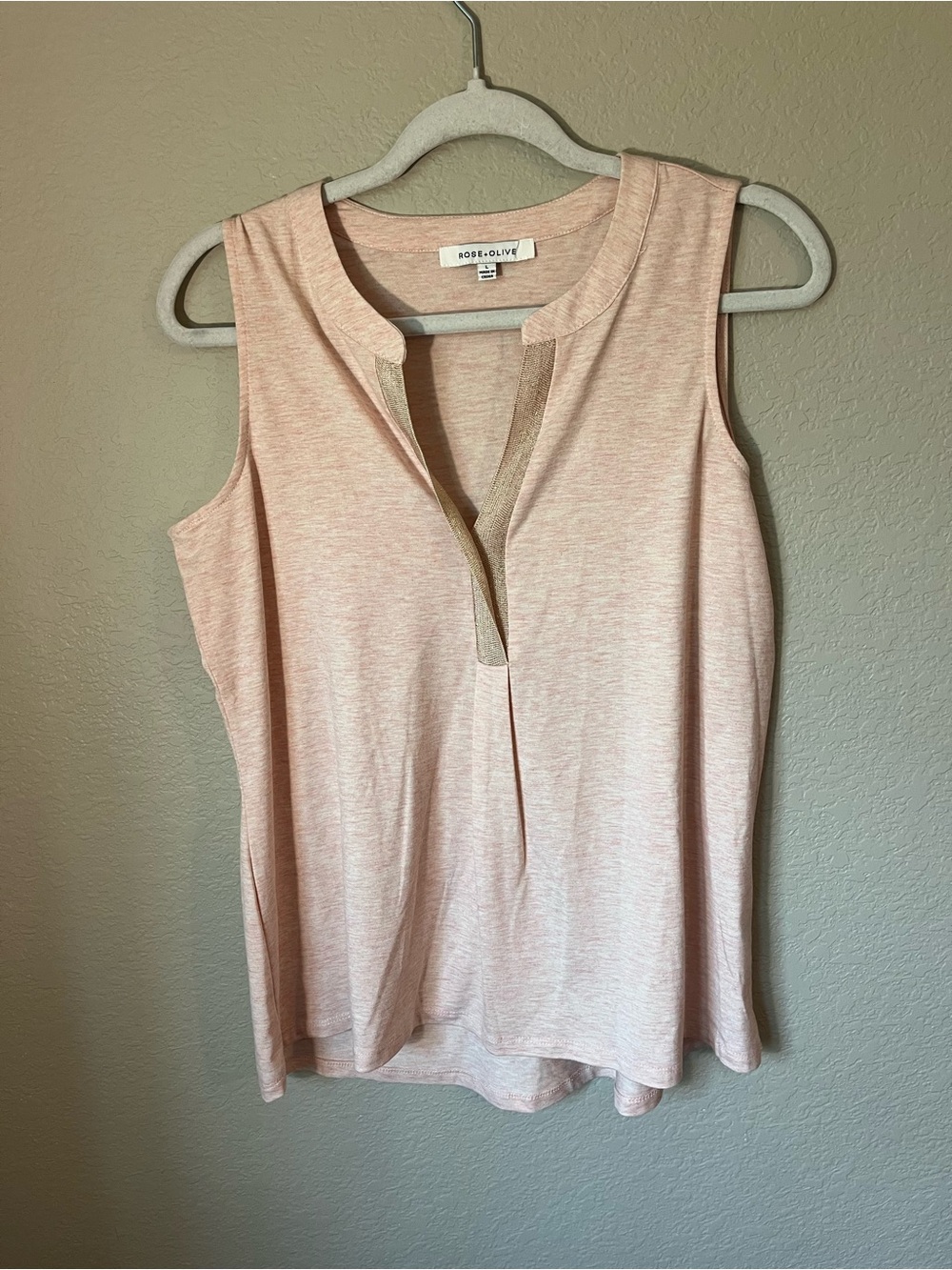 Rose + Olive Pink Tank Top L Gold Metallic Trim V Neck Flowy Boho Tunic Vacation
